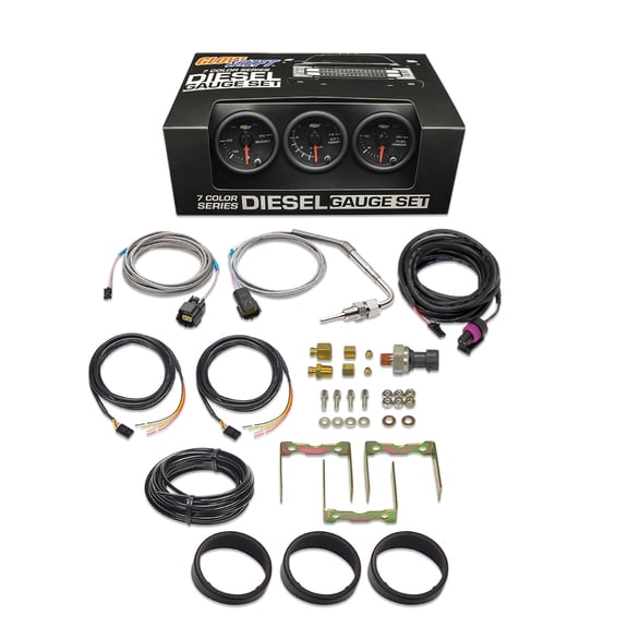 GlowShift Black 7 Color Diesel Gauge Set - 60psi Boost, 1500 Pyrometer EGT & 30psi Fuel Pressure Gauges