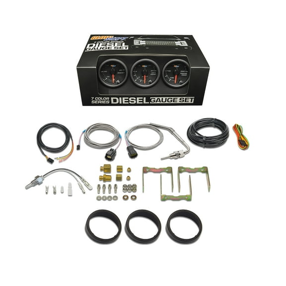 GlowShift Black 7 Color Diesel Gauge Set - 60psi Boost, 2400 Pyrometer EGT & Trans Temp Gauges