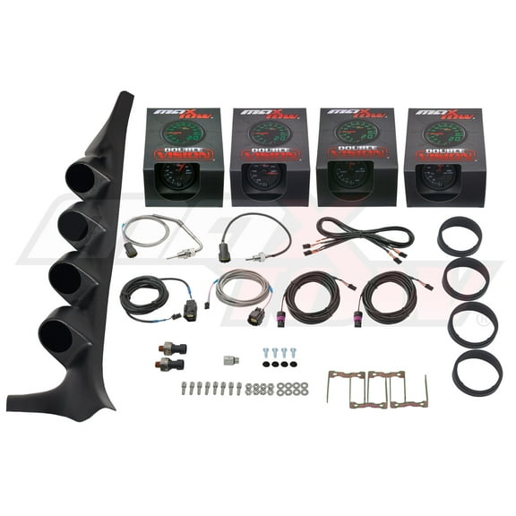 GlowShift | Black Quad Gauge Pillar Pod for 1992-1997 Ford F-Series 7.3 Powerstroke with Black & Green Double Vision Series 60 PSI Boost, 1500F Pyrometer EGT, Trans Temp & 100 PSI Fuel Pressure Gauge