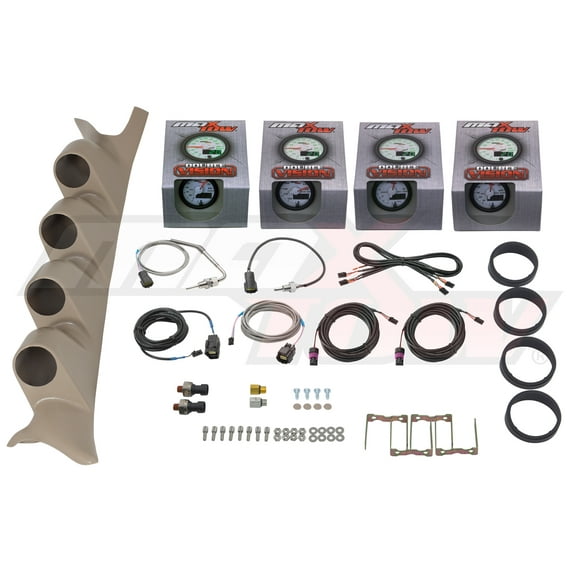 GlowShift | Tan Quad Gauge Pillar Pod for 1999-2007 Ford Super Duty Powerstroke with White & Green Double Vision Series 60 PSI Boost, 1500F Pyrometer EGT, Trans Temp & 100 PSI Fuel Pressure Gauges