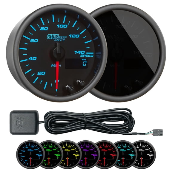 GlowShift | Tinted 7 Color Series 3-3/8" (85mm) 140 MPH GPS Speedometer & GPS Speedometer Adapter