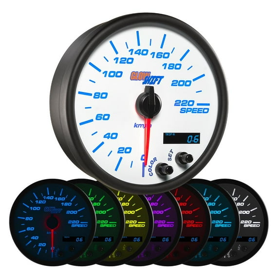 GlowShift | White 7 Color Series 3-3/4 (95mm) In-Dash Kilometer Speedometer Gauge for Cars and Trucks