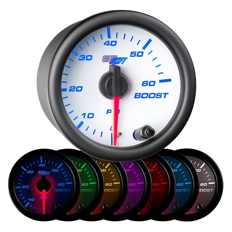 GlowShift White 7 Color 60 PSI Turbo Boost Gauge Kit - Includes