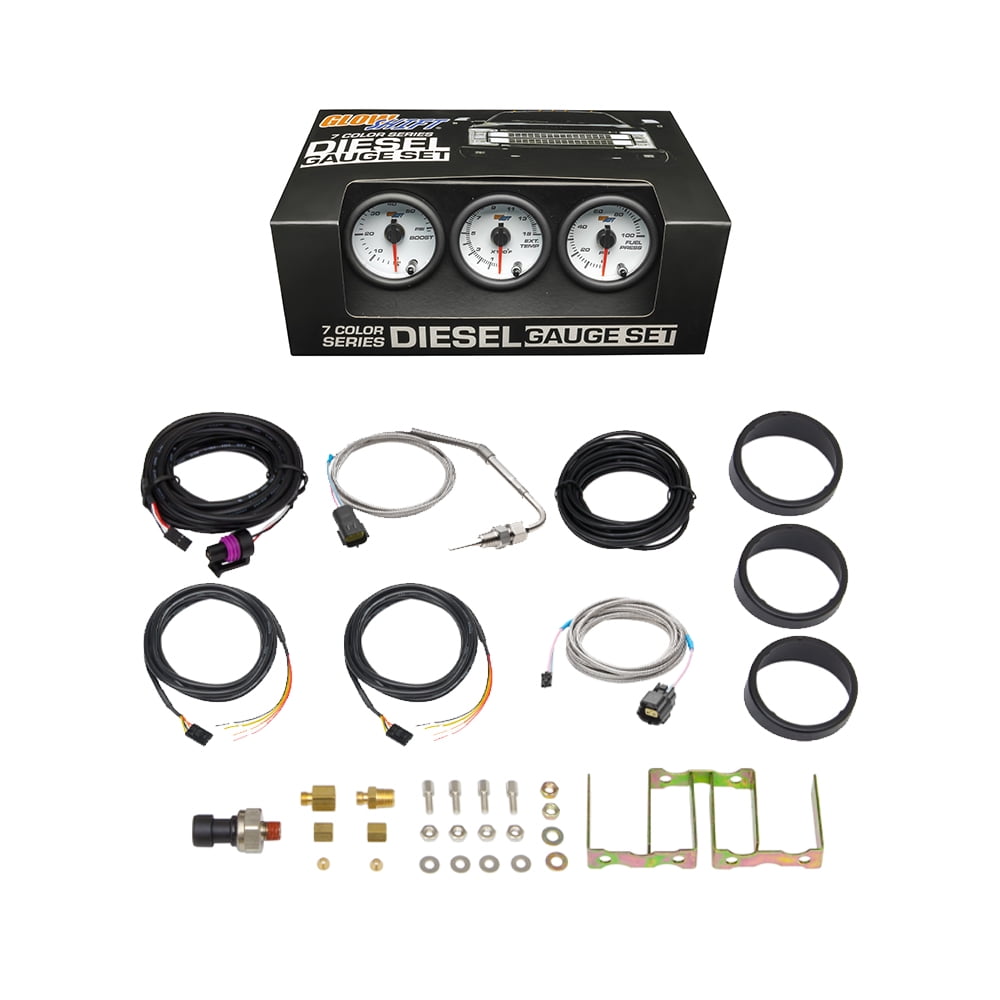 GlowShift White 7 Color Diesel Gauge Set 60psi Boost, 1500 Pyrometer EGT & 100 Fuel Pressure