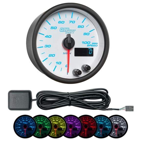 GlowShift | White 7 Color Series 3-3/8" (85mm) 100 MPH GPS Speedometer & GPS Speedometer Adapter