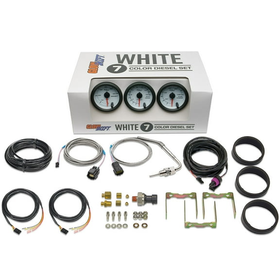 GlowShift | White 7 Color Series 3 Gauge Diesel Truck Set with 60 PSI Boost, 1500F EGT & 100 PSI Fuel Pressure Gauges