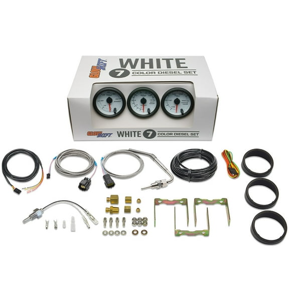 GlowShift | White 7 Color Series 3 Gauge Diesel Truck Set with 60 PSI Boost, 1500F EGT & Trans Temp Gauges