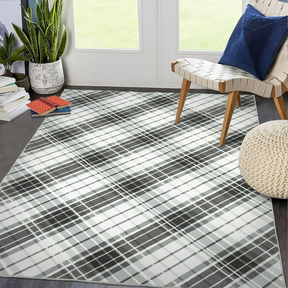 GlowSol 10' x 13' Area Rug Large Washable Rug Modern Geometric Plaid Rugs Farmhouse Stripe Accent Rug Non-Slip Bedroom Throw Carpet, Black Gray
