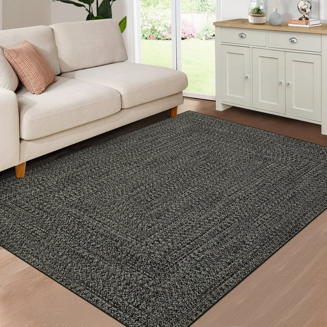 GlowSol 10' x 13' Area Rug Modern Braided Print Rugs for Living Room Bedroom Non-Slip Low Pile Accent Rug Washable Floor Cover, Gray Brown