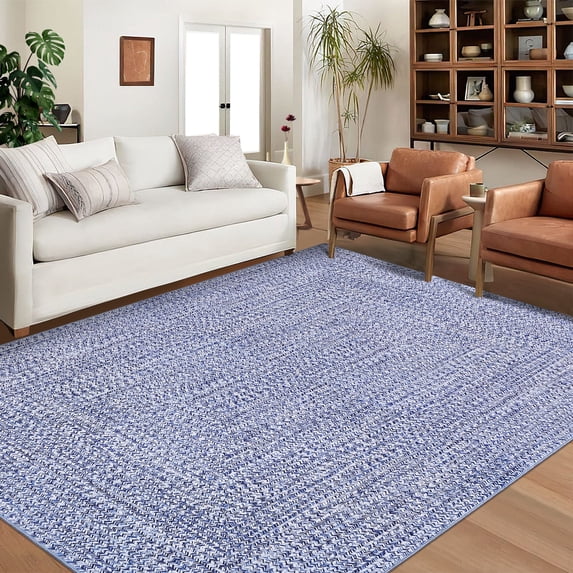 GlowSol 10' x 13' Area Rug Modern Braided Print Rugs for Living Room Bedroom Non-Slip Low Pile Accent Rug Washable Floor Cover, Light Blue