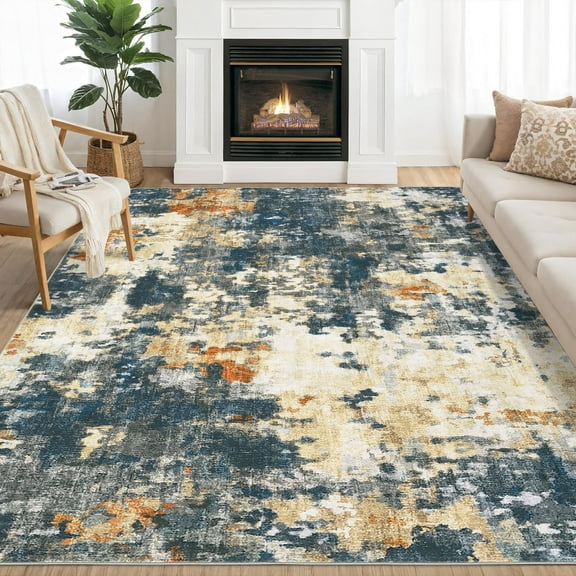 GlowSol 10' x 13' Large Area Rug Modern Abstract Washable Rug Indoor Non Slip Low Pile Rugs for Living Room Bedroom, Blue/Yellow