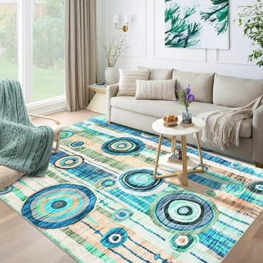 GlowSol 10' x 13' Large Area Rug Modern Geometric Washable Rug Indoor Non Slip Low Pile Rug Soft Foldable Accent Rug for Living Room, Blue/Multi