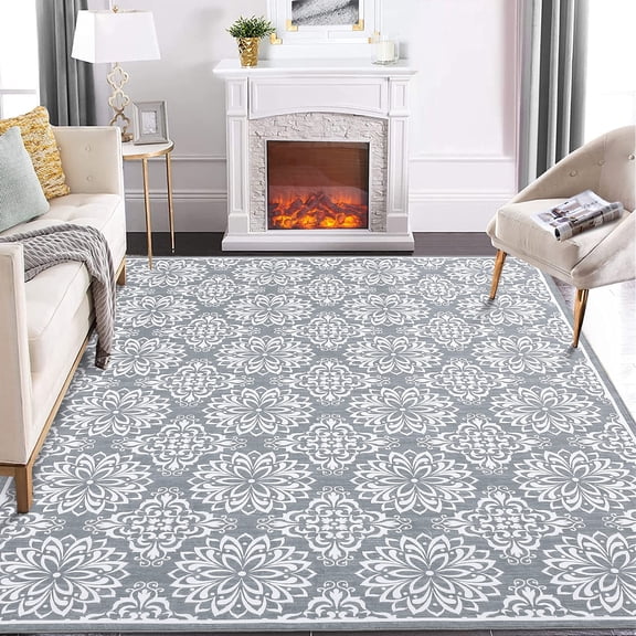 GlowSol 10' x 13' Large Floral Rugs for Living Room Bedroom Machine Washable Rug Modern Flower Print Rug Non-Slip Low Pile Soft Indoor Carpet, Gray