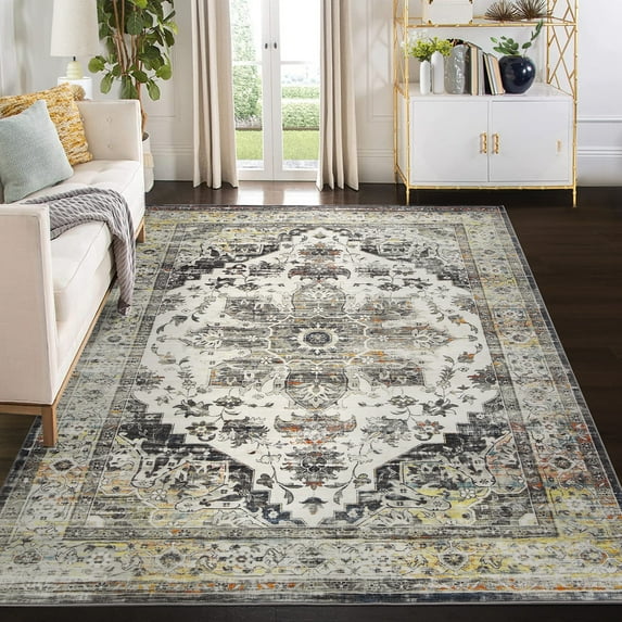 GlowSol 10' x 13' Large Rug Traditional Distressed Carpet Oriental Medallion Floral Accent Rug Living Room Rug Stain Resistant Non-Slip Floor Cover, Gray