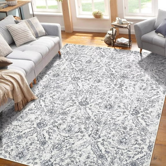 GlowSol 10' x 13' Large Vintage Medallion Area Rugs Washable Floral Rug Soft Stain Resistant Non-Shedding Area Rugs for Living Room Bedroom, Gray Beige