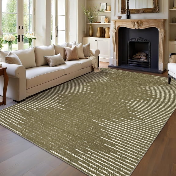 GlowSol 10' x 13' Large Washable Rug Geometric Striped Area Rug Soft Non Slip Low Pile Stain Resistant Carpet for Living Room Bedroom, Camel