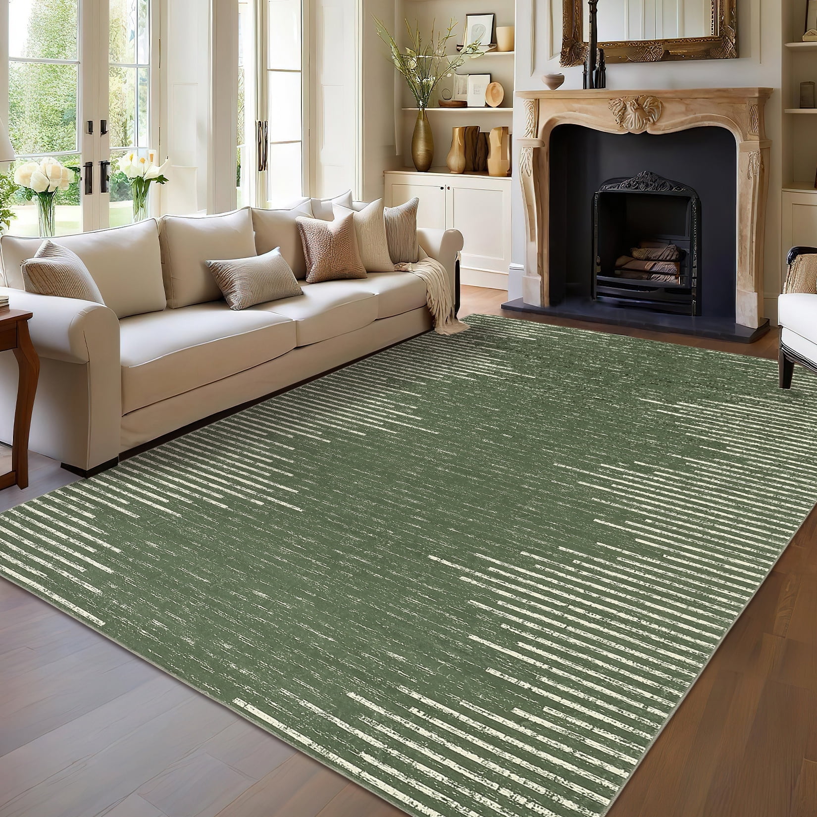 GlowSol 10' x 13' Large Washable Rug Geometric Striped Area Rug Soft Non Slip Low Pile Stain Resistant Carpet for Living Room Bedroom, Green