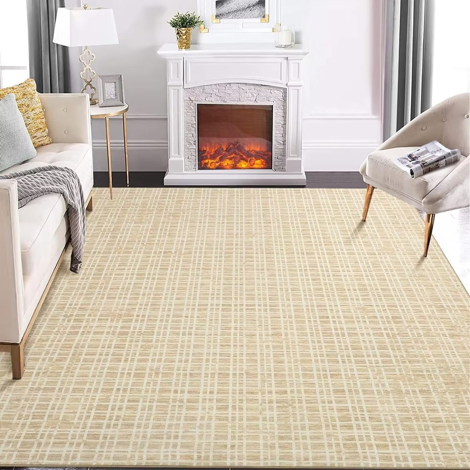 GlowSol 10' x 13' Large Washable Rug Modern Plaid Rug Indoor Farmhouse Checkered Rug Non-Slip Non Shedding Floor Carpet Low Pile Non-Slip Rug, Yellow