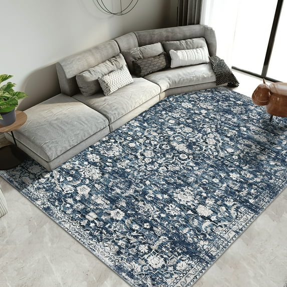 GlowSol 10' x 13' Large Washable Rugs for Living Room Bedroom Vintage Floral Distressed Rug Non Slip Non Shedding Throw Rugs, Blue