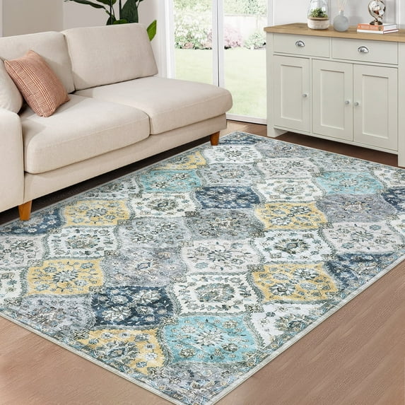 GlowSol 10'x13' Area Rug Large Machine Washable Rug Vintage Medallion Floral Print Rug Moroccan Trellis Rugs for Living Room Bedroom, Blue Yellow