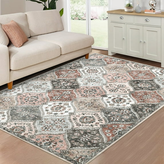 GlowSol 10'x13' Area Rug Large Machine Washable Rug Vintage Medallion Floral Print Rug Moroccan Trellis Rugs for Living Room Bedroom, Gray Pink