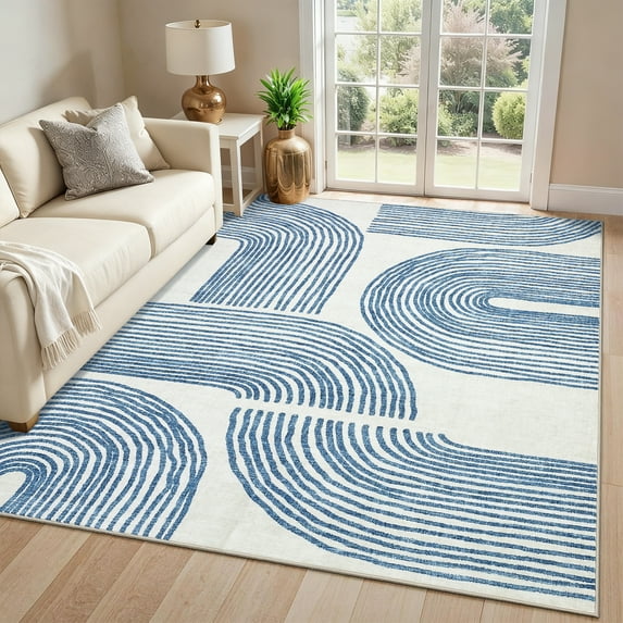 GlowSol 10'x13' Area Rugs Large Washable Geometric Stripes Rug Indoor Modern Non-Slip Low Pile Accent Carpet for Living Room Bedroom, Blue