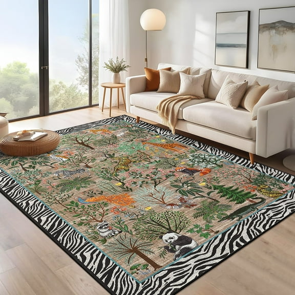GlowSol 10'x13' Jungle Animal Print Area Rugs for Living Room Bedroom Forest Style Rug Washable Non Slip Low Pile Carpet, Brown