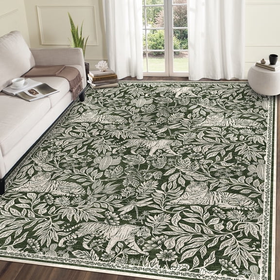 GlowSol 10'x13' Large Area Rug Forest Tiger Print Area Rugs Living Room Low Pile Non-Slip Soft Foldable Accent Carpet for Bedroom, Green