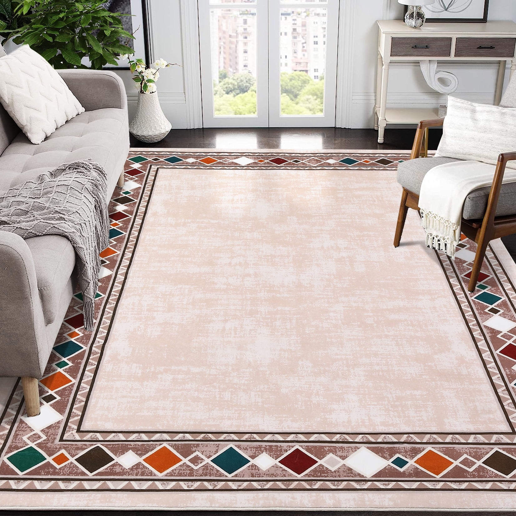 GlowSol 10'x13' Large Area Rug Modern Bordered Area Rug for Living Room Bedroom Geometric Border Non-Slip Stain Resistant Accent Rug, Beige
