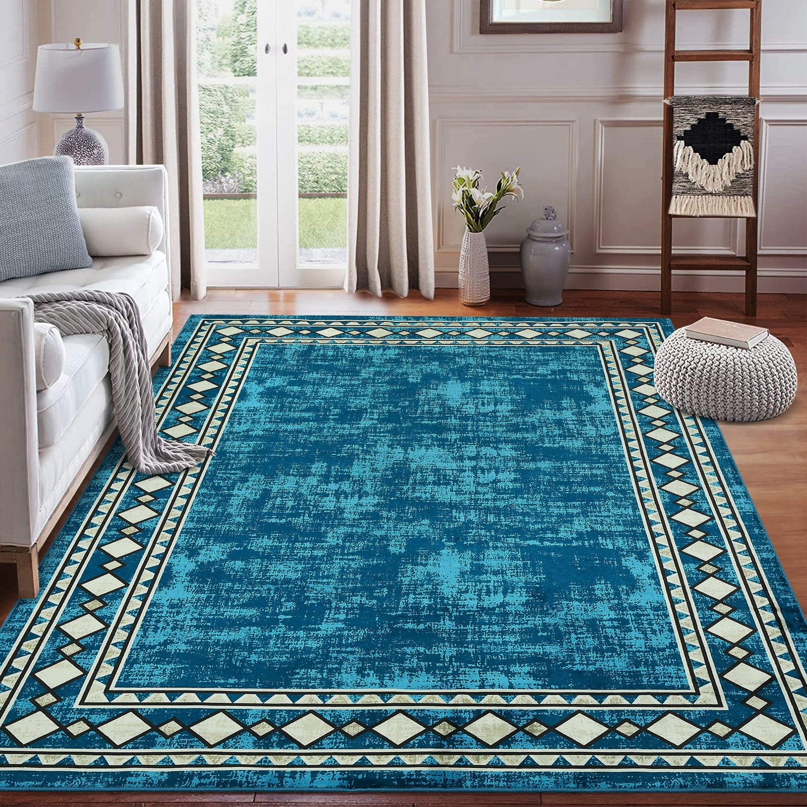 GlowSol 10'x13' Large Area Rug Modern Bordered Area Rug for Living Room Bedroom Geometric Border Non-Slip Stain Resistant Accent Rug, Blue Green