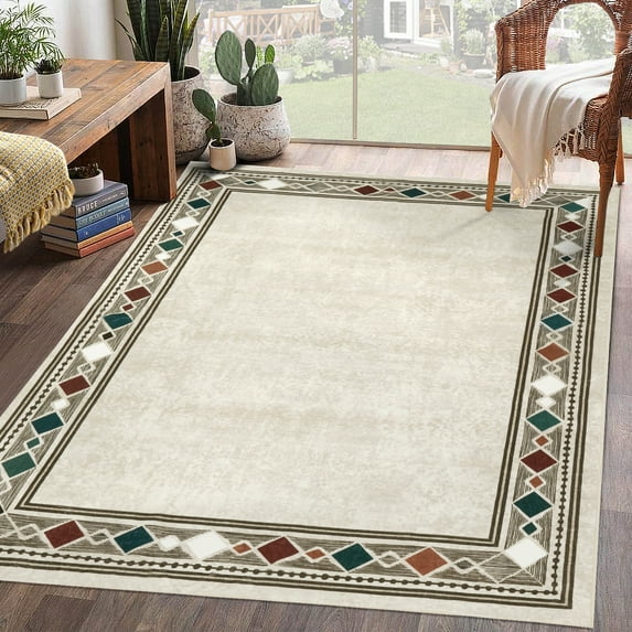 GlowSol 10'x13' Large Area Rug Modern Bordered Area Rugs for Living Room Geometric Border Accent Rug Home Floor Decor, Beige