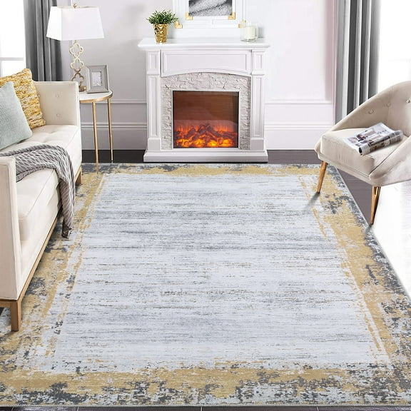GlowSol 10'x13' Large Area Rug Modern Bordered Rug Washable Rug Abstract Rug Living Room Bedroom Rug Carpet Soft Low Pile Non-Shedding Rug, Yellow