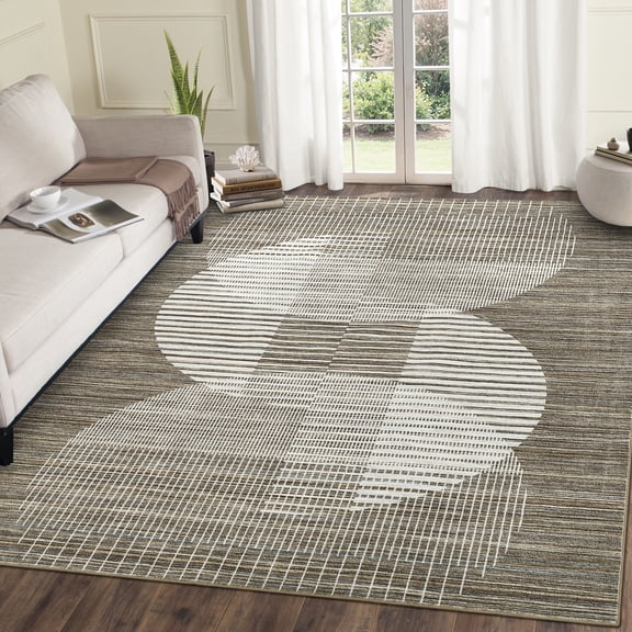 GlowSol 10'x13' Large Area Rug Modern Geometric Stripe Rug Soft Thin Rug Non Slip Low Pile Rugs Living Room Bedroom Rug, Brown