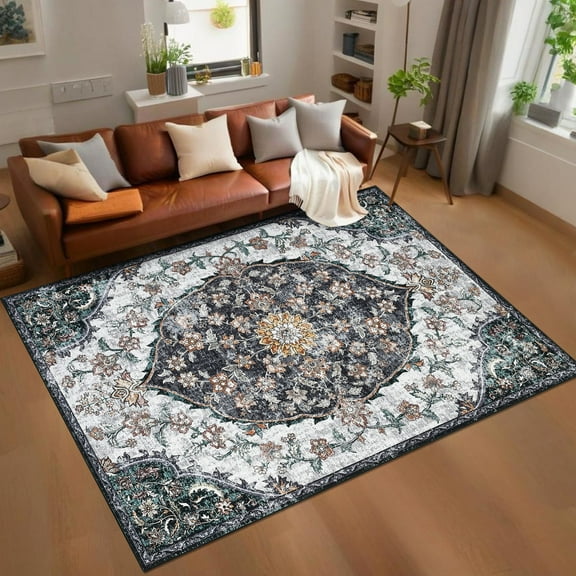 GlowSol 10'x13' Large Area Rug Vintage Floral Medallion Area Rugs for Living Room, Washable Non Slip Low Pile Rugs, Black
