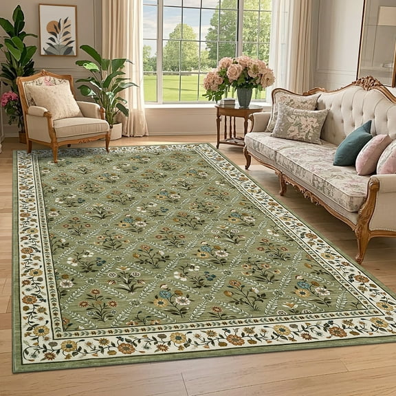 GlowSol 10'x13' Large Area Rugs Farmhouse Floral Print Washable Rug Soft Non Slip Low Pile Accent Carpet for Living Room Bedroom, Green