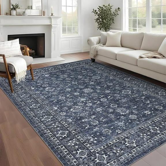 GlowSol 10'x13' Large Area Rugs for Living Room Bedroom Vintage Floral Print Rug Soft Non Slip Low Pile Accent Rug, Blue