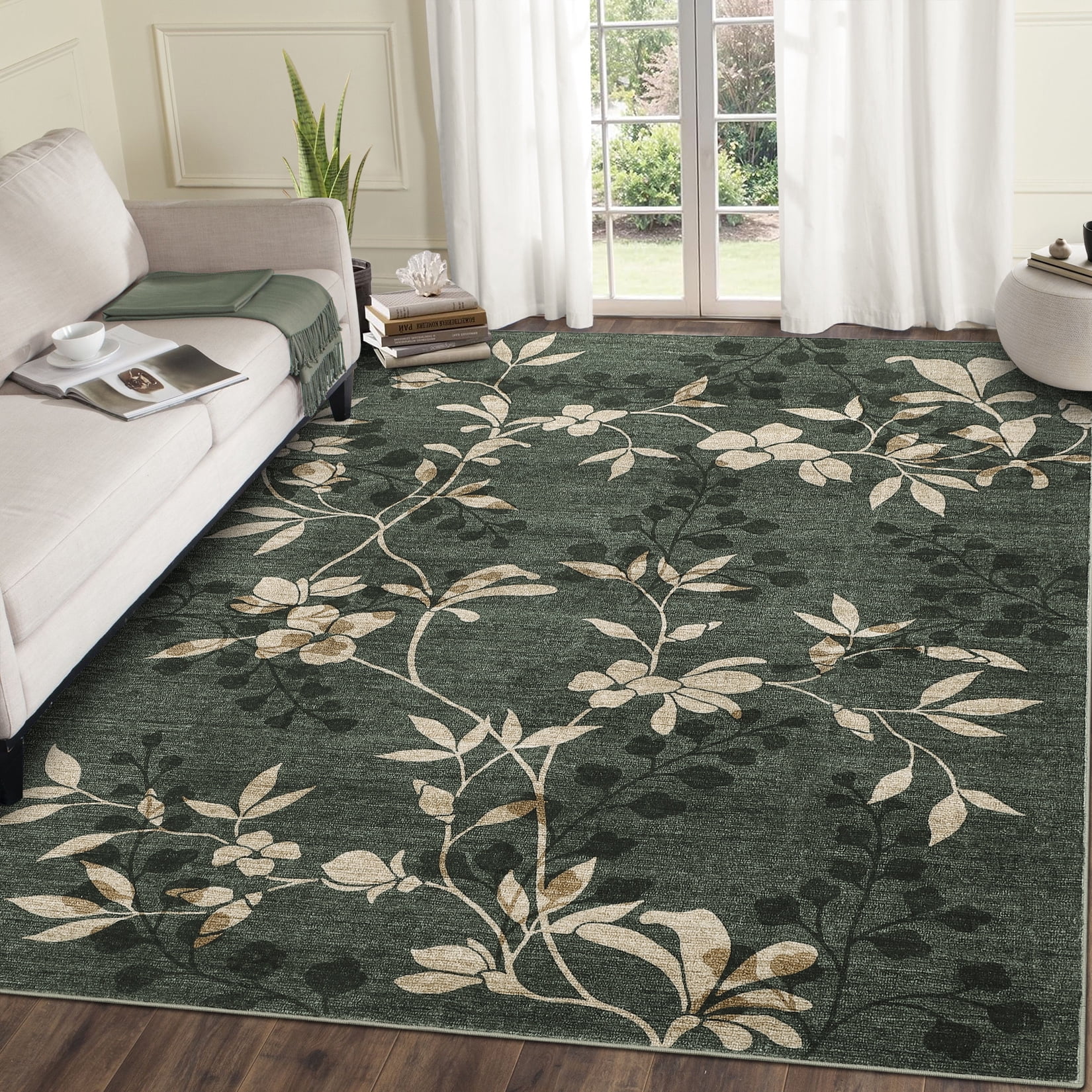 GlowSol 10'x13' Large Area Rugs for Living Room Washable Rug Soft Leaf Pattern Carpet for Bedroom, Green