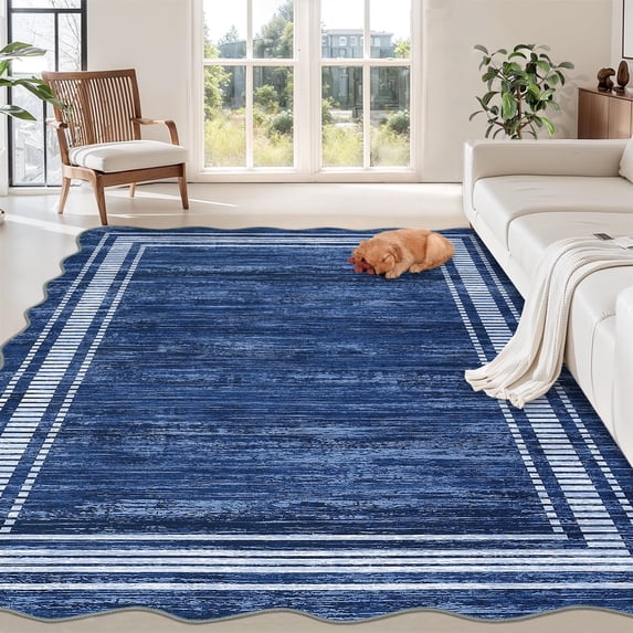 GlowSol 10'x13' Large Washable Irregular Area Rug, Modern Bordered Living Room Rugs, Washable Scalloped Carpet for Bedroom, Navy Blue