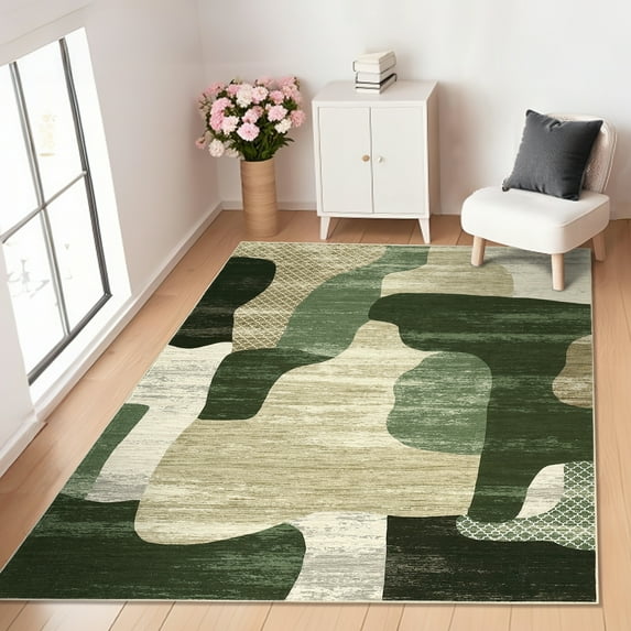GlowSol 10'x13' Modern Abstract Area Rugs for Living Room Bedroom Washable Contemporary Indoor Floor Cover Soft Foldable Thin Accent Rug, Green