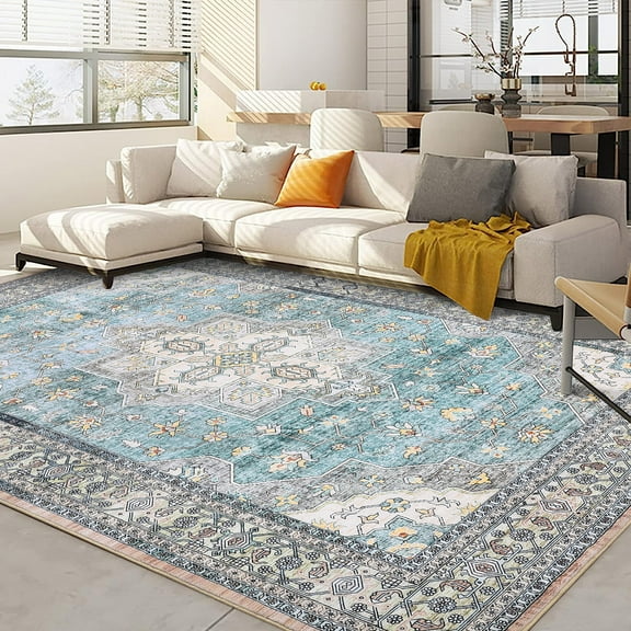 GlowSol 10'x13' Vintage Rug Washable Area Rugs Floral Printed Distressed Rug Persian Rug Non-Shedding Rug for Dining Room Home Office, Teal