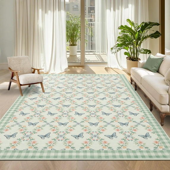 GlowSol 10'x13' Washable Area Rugs for Living Room Farmhouse Soft Non Slip Rug Indoor Floral Butterflies Print Pattern Carpet, Green