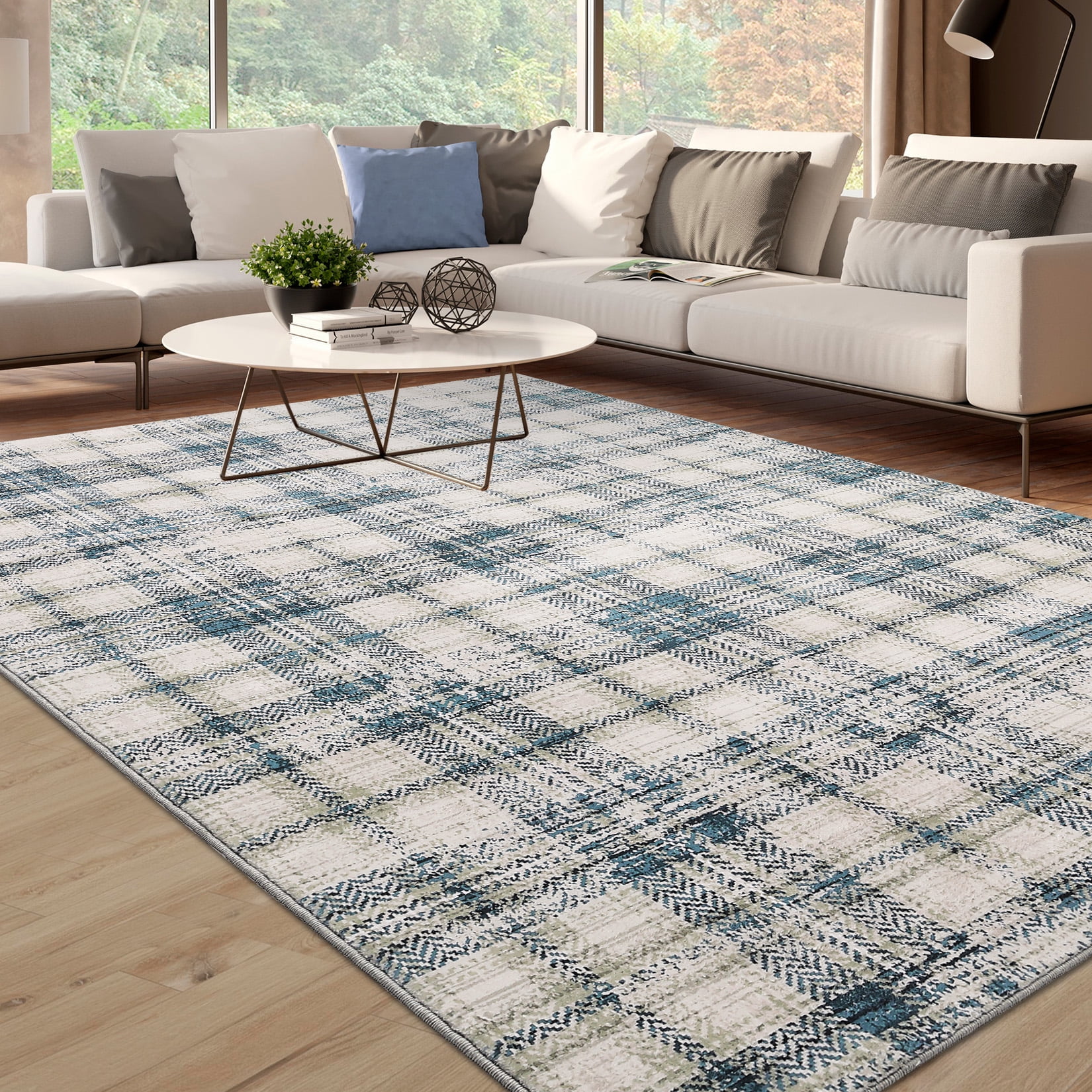 GlowSol 10'x13' Washable Area Rugs for Living Room Modern Farmhouse Plaid Rug Non-Slip Low Pile Large Rug Floor Cover, Beige/Blue