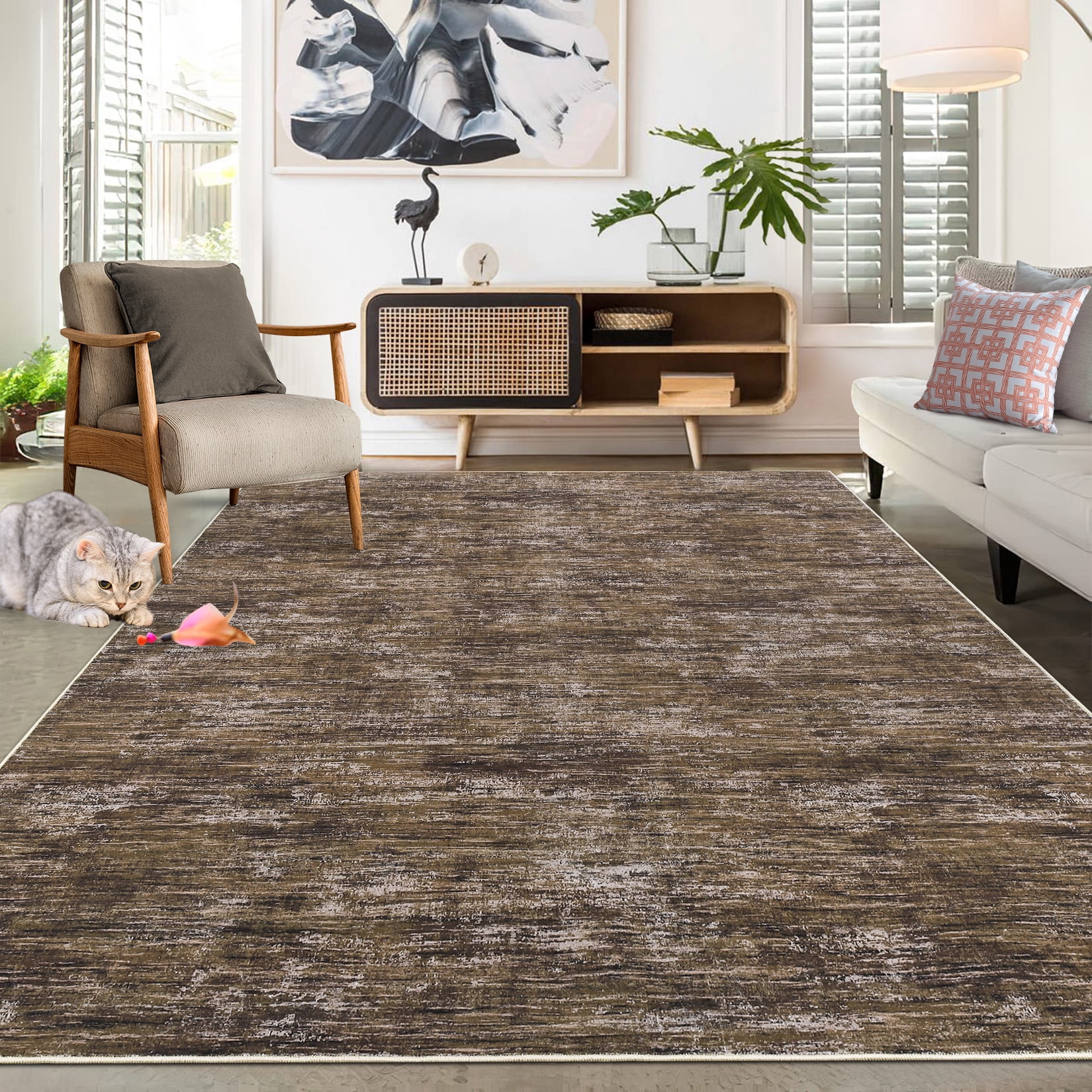 GlowSol 10'x13' Washable Rugs for Living Room Bedroom Modern Abstract Area Rug Non-Slip Low Pile Rug Soft Foldable Accent Rug, Brown