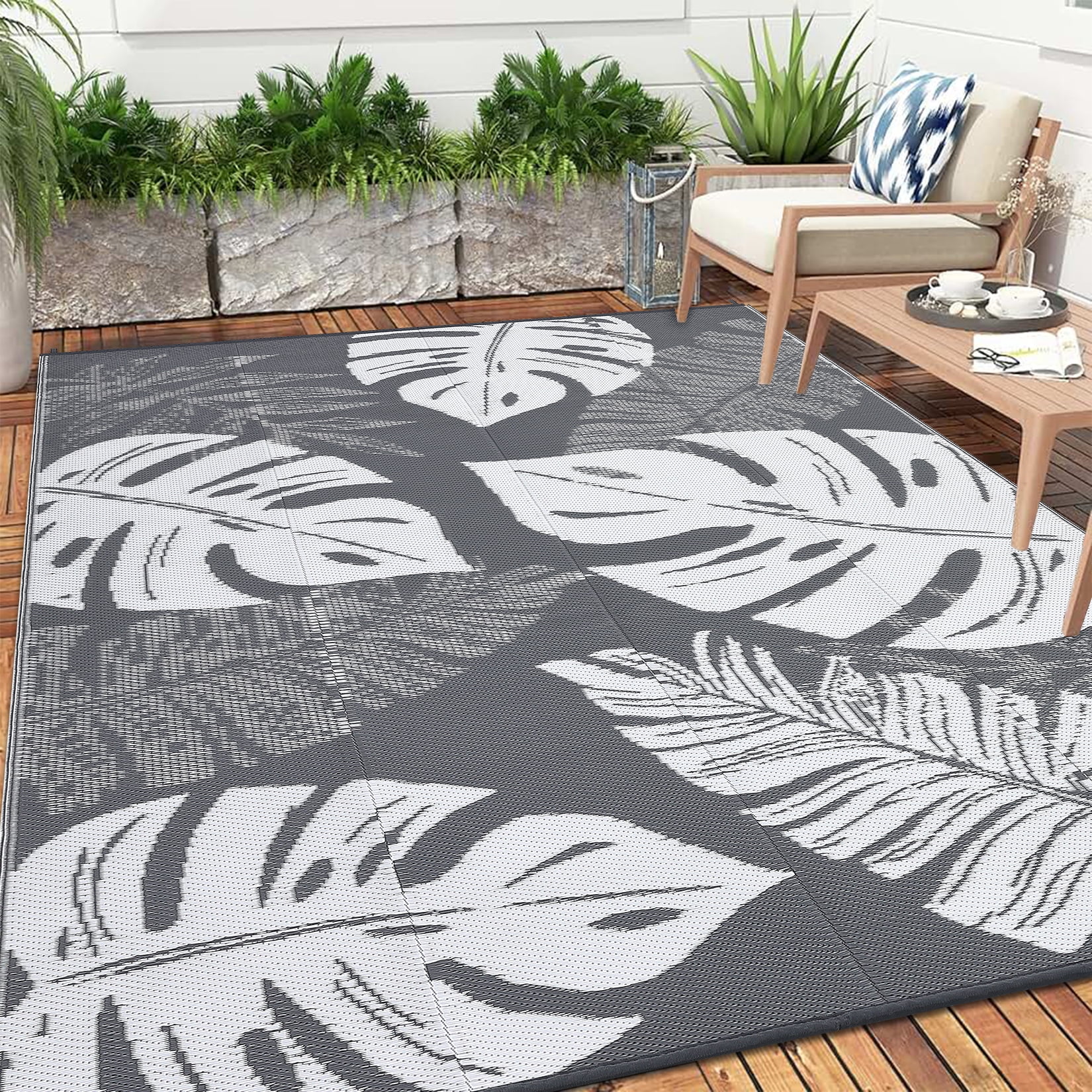 GlowSol 10'x14' Outdoor Rug Plastic Straw Weatherproof Reversible Rug Modern Leaves Patio Camping Rugs for Deck Porch Picnic Balcony, Grey White