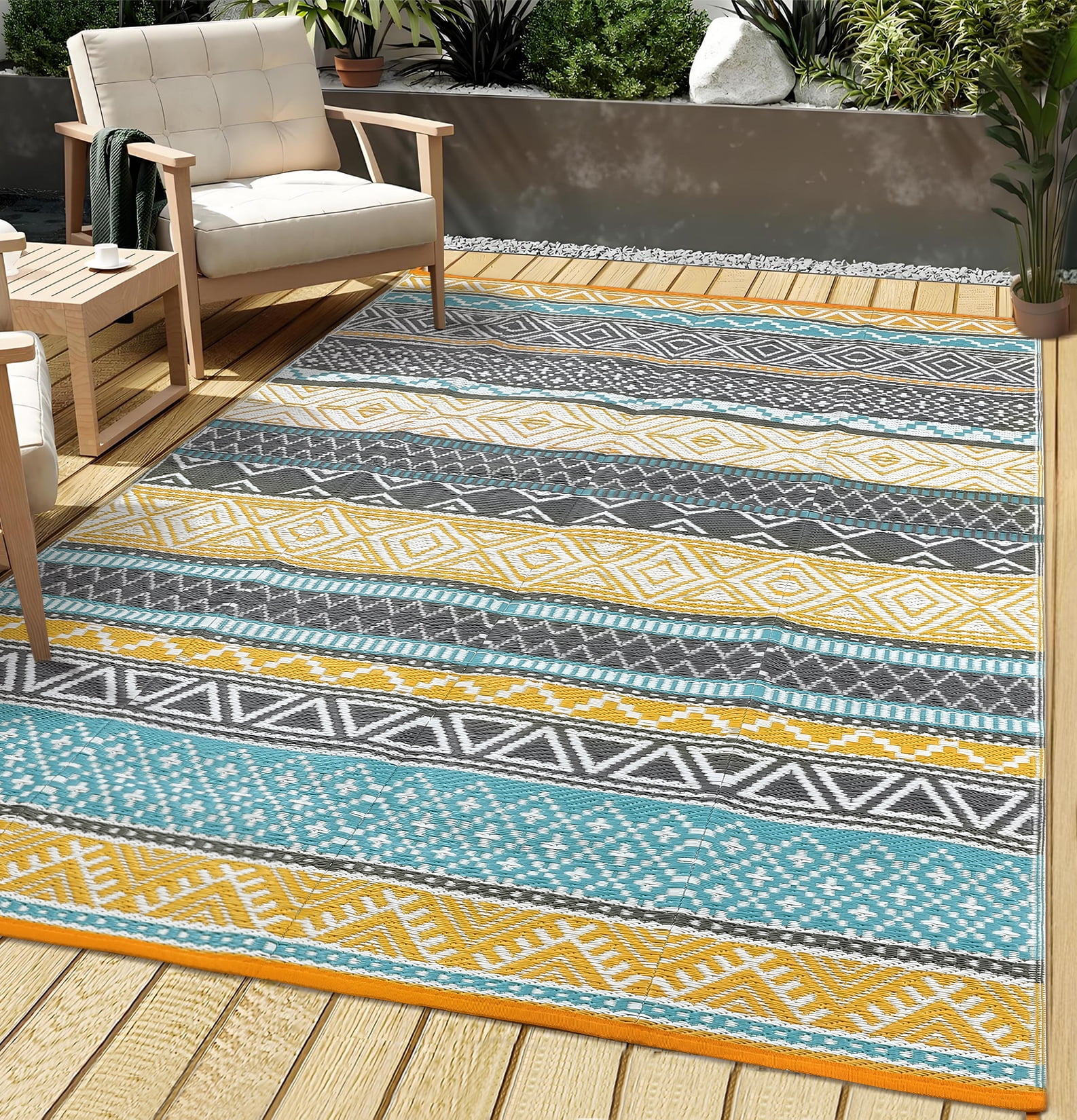 GlowSol 10'x20' Outdoor Rug Carpet Waterproof Reversible Patio Rug RV Camping Rug Plastic Straw Rug Outside Indoor Outdoor Boho Area Rug, Yellow Blue