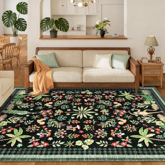 GlowSol 10x13 Black Tropical Polyester, Ultra Thin Washable Non Slip Low Profile Area Rug for Living Room Bedroom Office
