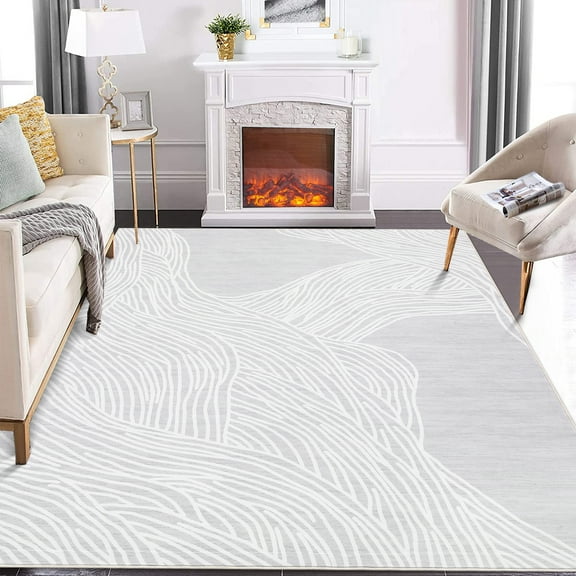 GlowSol 10x13 Large Washable Rug Indoor Stripes Print Accent Rug Soft Faux Wool Rug Non Slip Backing Low Pile Rug for Dining Room Office, Light Gray/White