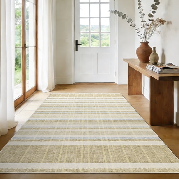 GlowSol 10x13 Washable Beige Camel Checkered Area Rug, Non-Slip TPR Low Pile Rug for Hallway Kitchen Bedroom Living Room