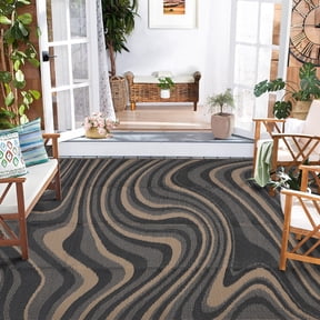 GlowSol 10x14 Outdoor Rug,Waterproof Reversible Plastic Straw Patio Rug, Foldable Camping Mat for RV Deck Backyard Porch Picnic, Abstract Quicksand Design with Carry Bag, Black Gray Coffee
