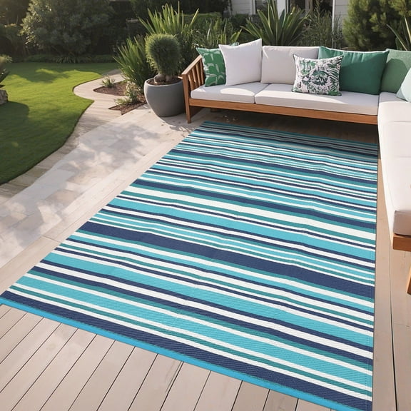 GlowSol 10x20 Waterproof Outdoor Rug Reversible - Modern Striped Plastic Straw Patio Mat, Foldable Camping & RV Carpet for Deck, Backyard, Balcony, Poolside and Picnic，Blue White